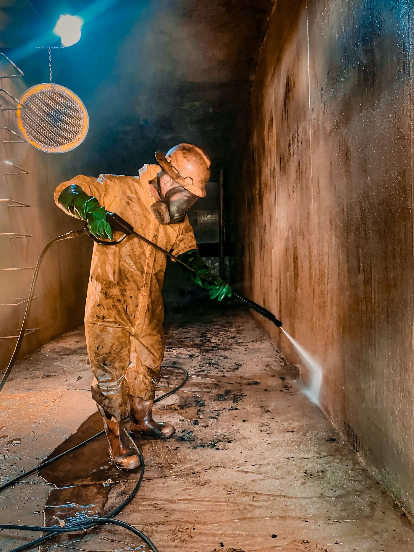 Operario de Alquiser con equipo de protección completo realizando el lavado interno de un tanque industrial